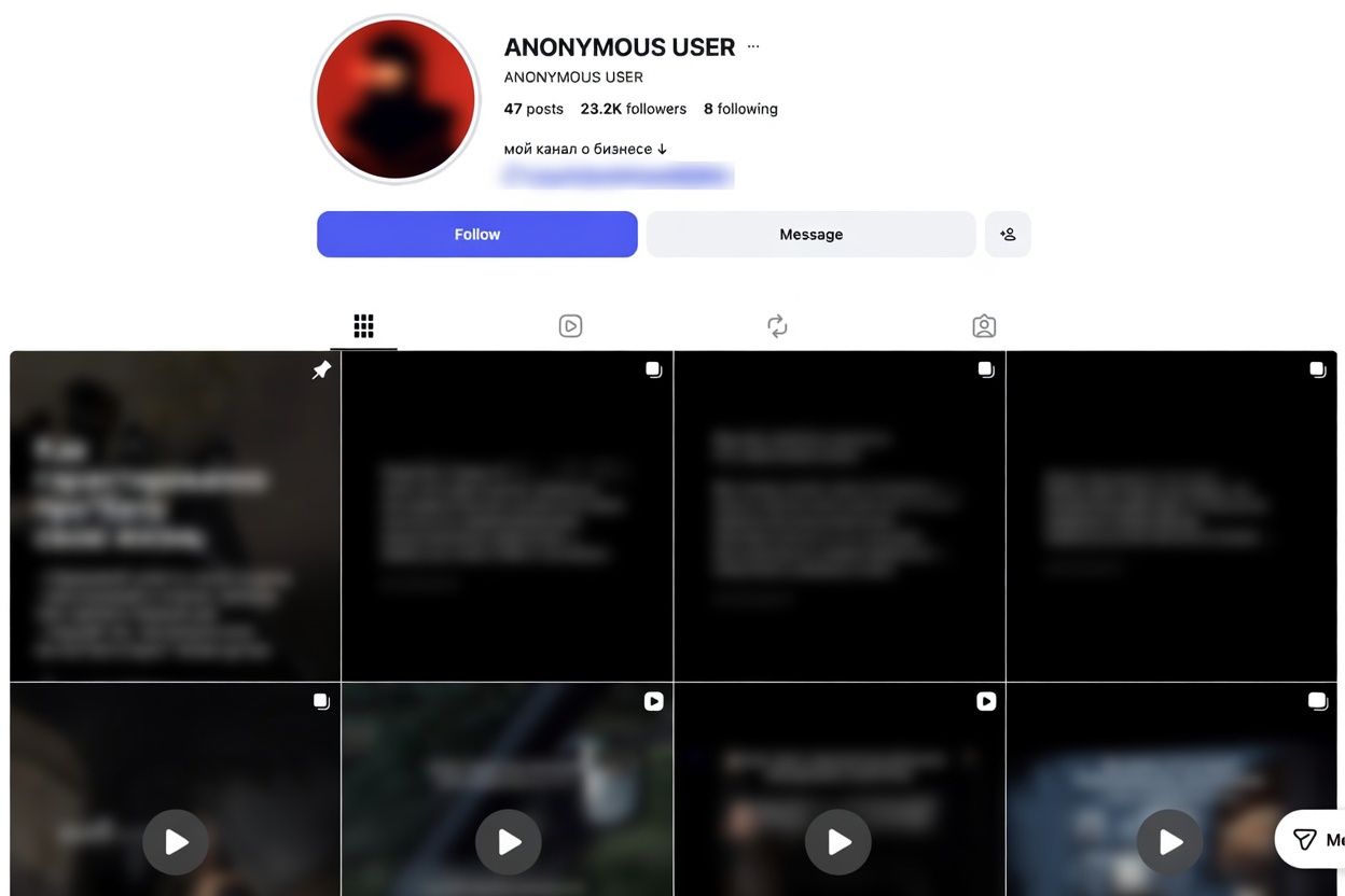 Instagram profile from the portfolio with identifying details blurred.