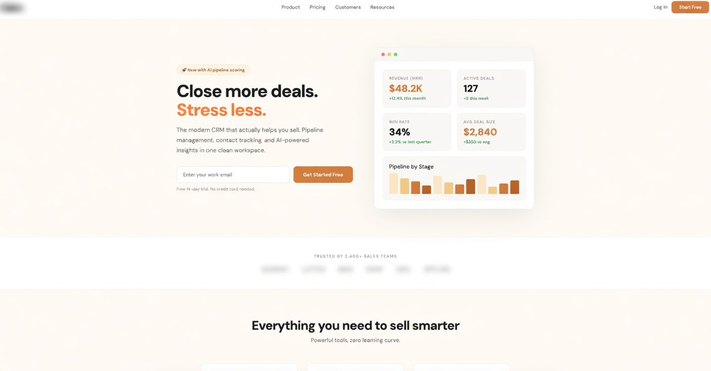 CRM product landing page with an introductory section and product presentation.
