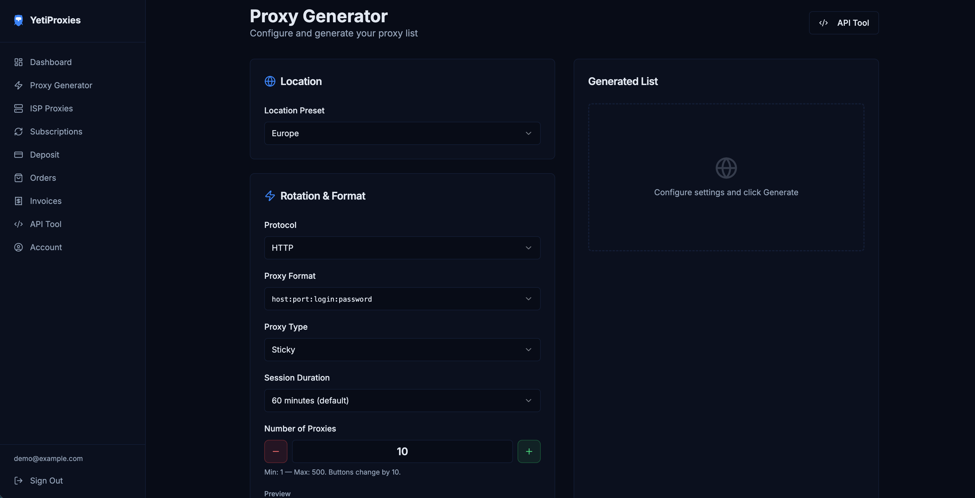 Proxy-platform generator interface with configuration controls.